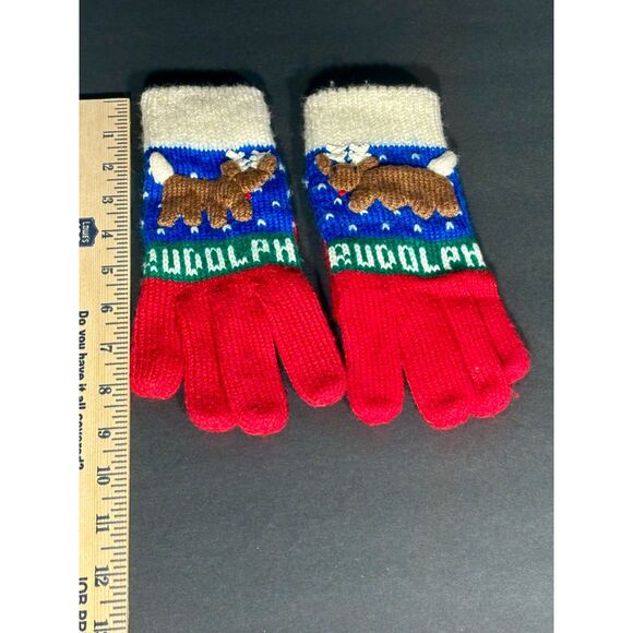 Rudolph the Red Nosed Reindeer Kids Knit Gloves Red Blue Holiday Christmas - Picture 2 of 3